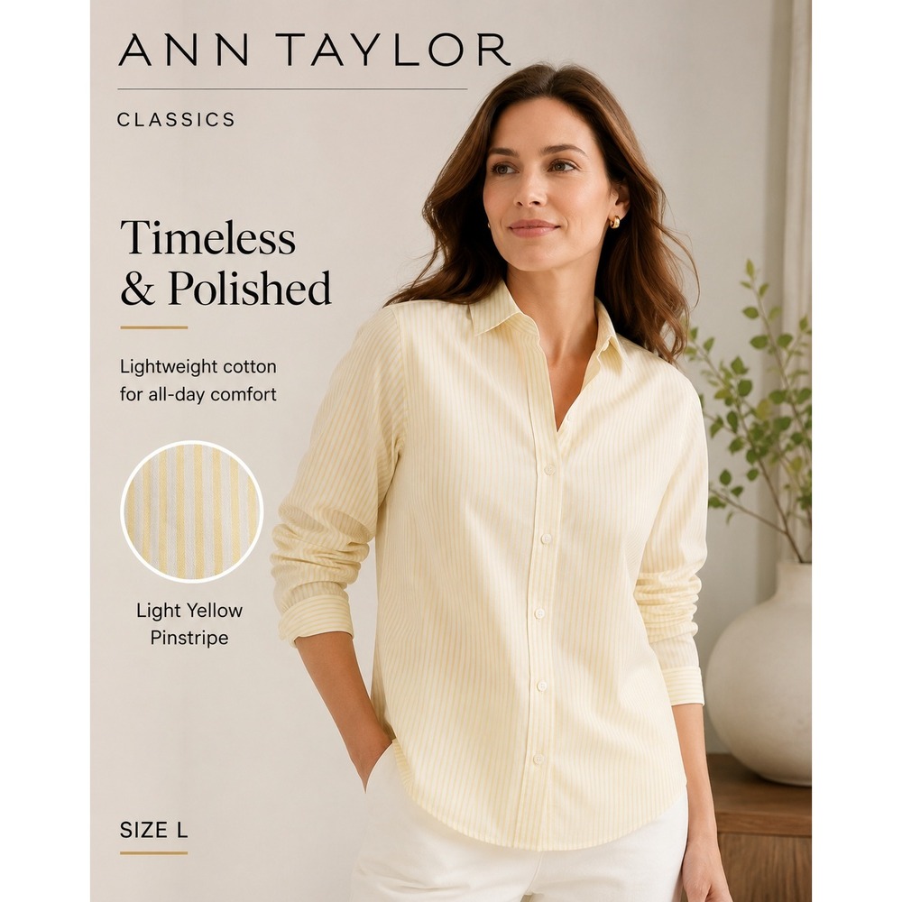 Ann Taylor Button Up Shirt Women L Yellow White Pinstripe Long Sleeve Cotton